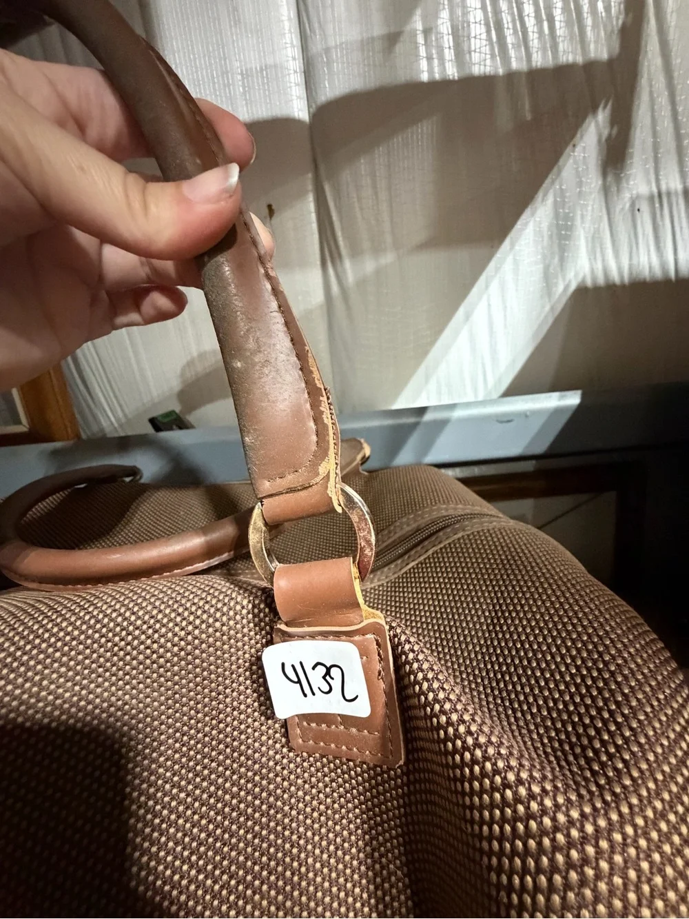 #4132-London Fog Brown Textured Tote with Leather Trim